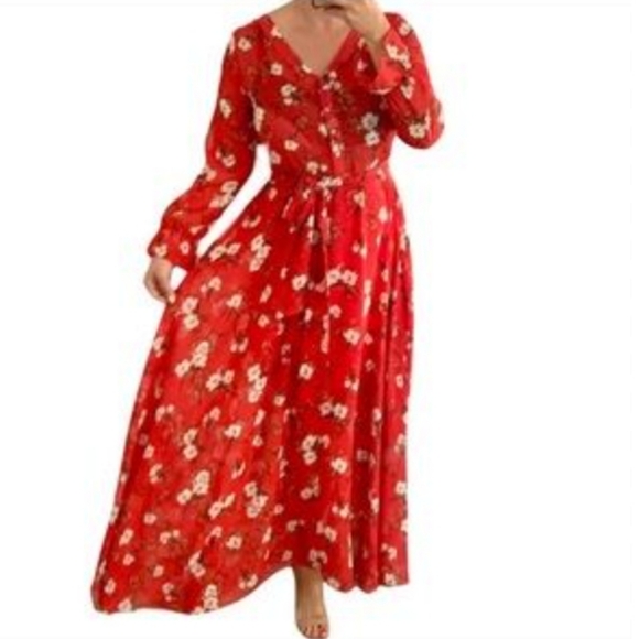Indigo Rose Long Red/White Floral Dress Large Long Sleeves Flowy Lined V Neck - Picture 1 of 14